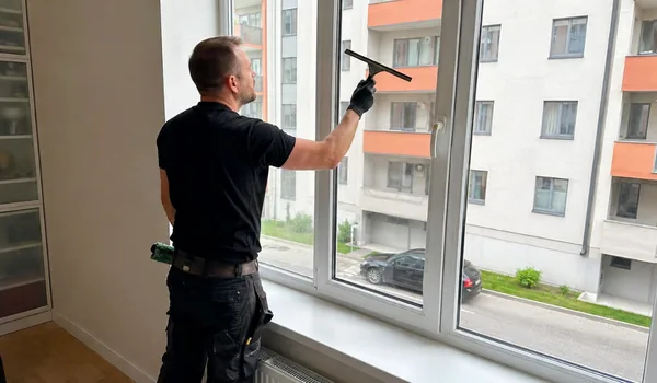 Suure akna pesu seestpoolt, aknast paistavad korterelamud, männivaigu tilgad eemaldame klaasilt eraldi vahendiga enne pesukepi tõmmet.
