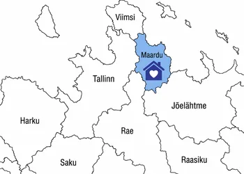 Kaardil on Maardu ala sinise tooniga täidetud ja keskel on südamega maja märk, kõrval Viimsi, Jõelähtme ja Rae nimed, Maardu järv jooksis 1894. aastal pärast kraavi kaevamist tühjaks ja taastati 1939. aastal.
