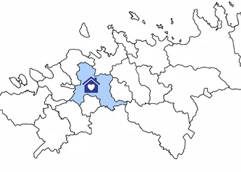 Saue piirkond Tallinnast läänes on kaardil sinise tooniga täidetud ja märgitud südamega majaga, Saue mõisahoone ehitati 1792. aastal.