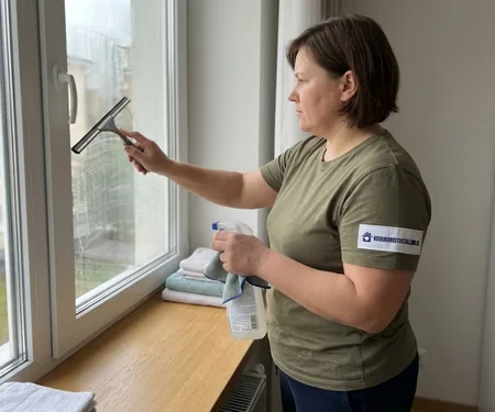 Koristaja peseb akent pesukepiga, käes pihustipudel, aknalauale laotatud froteerätikud korjavad pesukepilt tilkuva vee, et see puidust aknalauda ei imbuks.