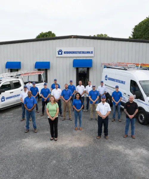 A group of people in blue and white shirts on the gravel lot of the Kristiine base, a Kodukoristus Tallinn sign on the warehouse wall, vans are being loaded dry even in the rain under the blue canopy.