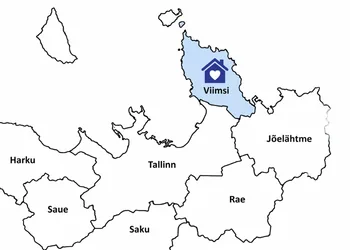Viimsi poolsaar kaardil sinise tooniga ja nimega Viimsi, poolsaare keskel südamega maja märk, Viimsi vallas on kaks alevikku, Haabneeme ja Viimsi.