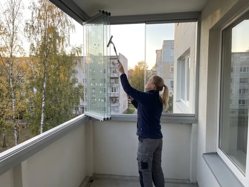 Renoveeritud Maardu kortermaja viienda korruse klaasitud lodža, blondi hobusesaba ja tumesinise fliisiga koristaja ulatub pikendusvarrel pesukepiga klaaspaneeli ülaservani, väljas kollaseks tõmbuvad kased ja viiekorruselised majad, rõdult ei raputata ühtegi lappi alla, sest tolm langeb alumiste korruste rõdudele.