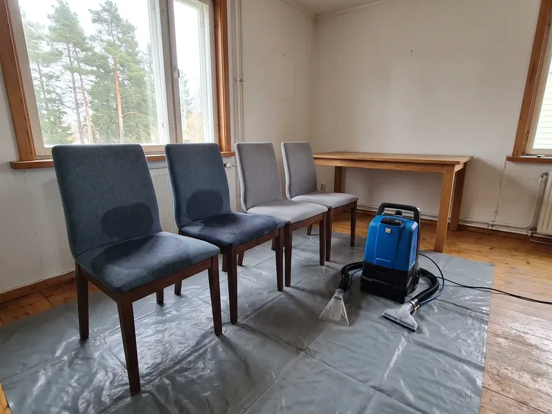 Pirita vanema eramu söögituba, neli söögitooli kaitsekilel, kahel esimesel toolil niisked tumedad laigud, kõrval sinine ekstraktsioonimasin ja käsiotsikud, aknast paistavad männid, söögitooli kangal tupsutatakse plekki servast keskele, et see kangal laiemaks ei valguks.