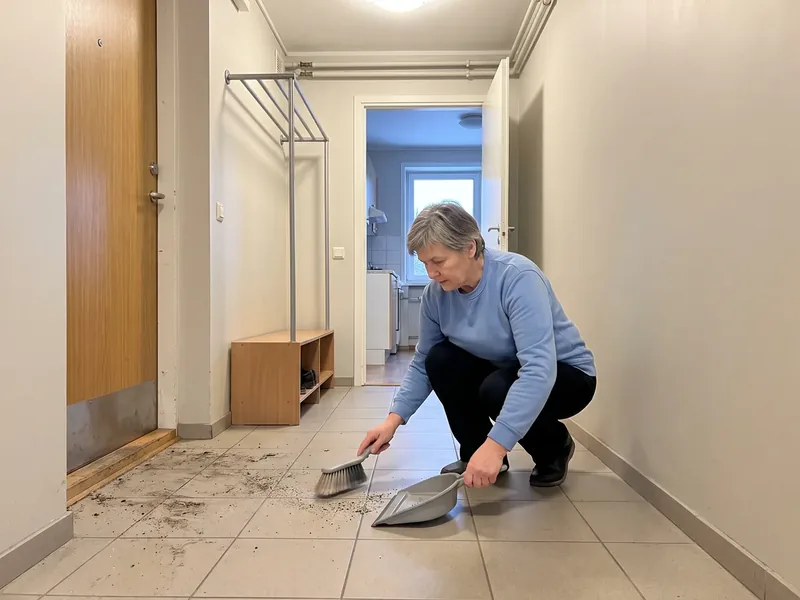 Kristiine kortermaja kahetoalise korteri plaaditud esik jaanuaris, lühikeste hallide juustega ja helesinises pluusis koristaja pühib kükitades tänavaliiva ja soola kühvlisse, esikus tühi riidenagi ja jalanõuriiul, lähedal asuvad Tondi kasarmud ehitati merekindluse teeninduspersonali jaoks.