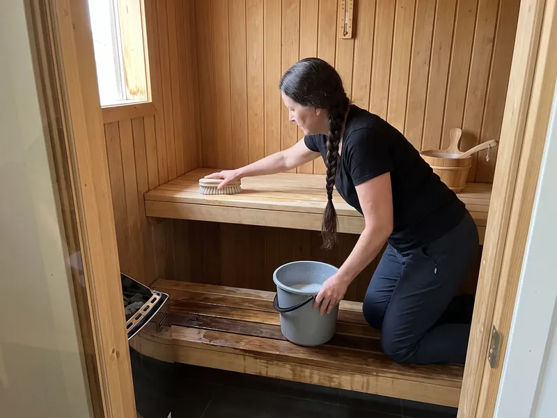 Saue aedlinna eramu puitvoodriga saun, pika tumeda patsiga ja mustas T-särgis koristaja küürib põlvili pehme harjaga ülemist lava, kõrval ämber ja keris, saunaämber ja kulp pestakse ja jäetakse tagurpidi kuivama.